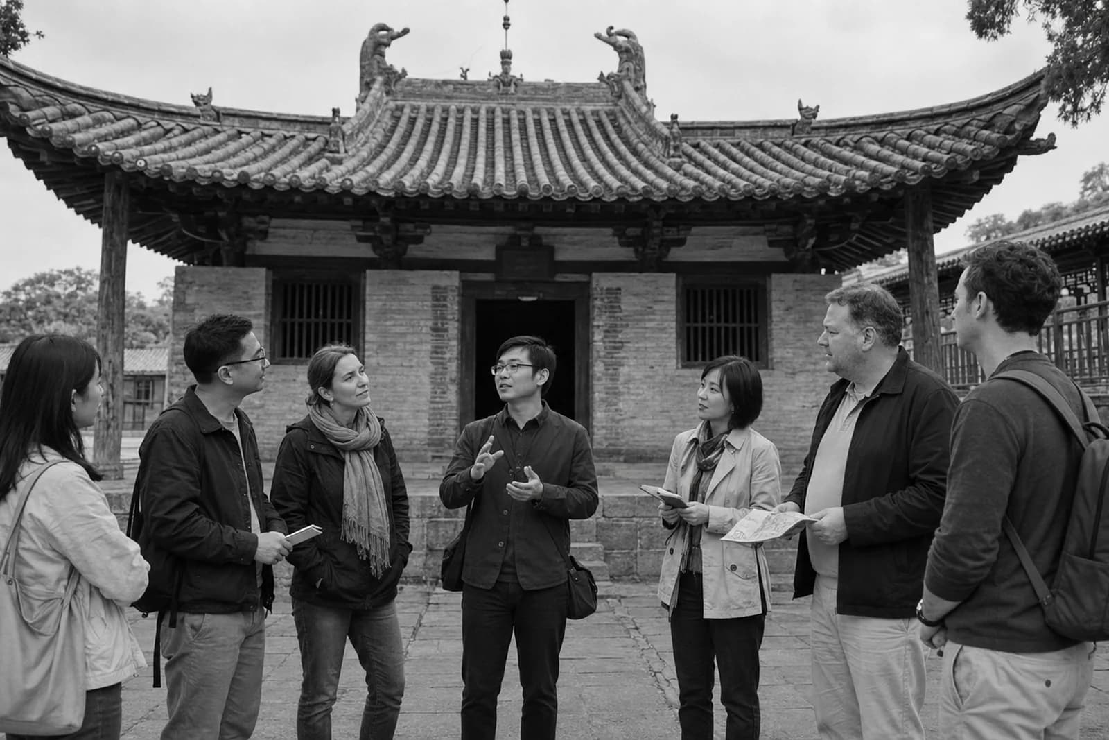 A local guide discussing Shanxi architecture with an international group in front of a historic hall