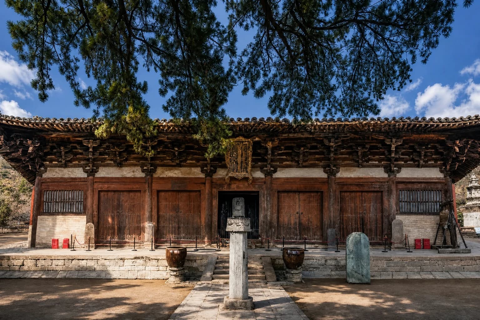 Chongfu Temple Amitabha Hall with glazed roof ornaments and red walls