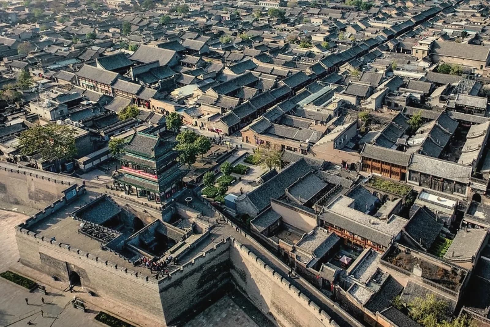 Pingyao Ancient City, aerial view of the walled town showing Ming–Qing streets, courtyard roofs and city walls